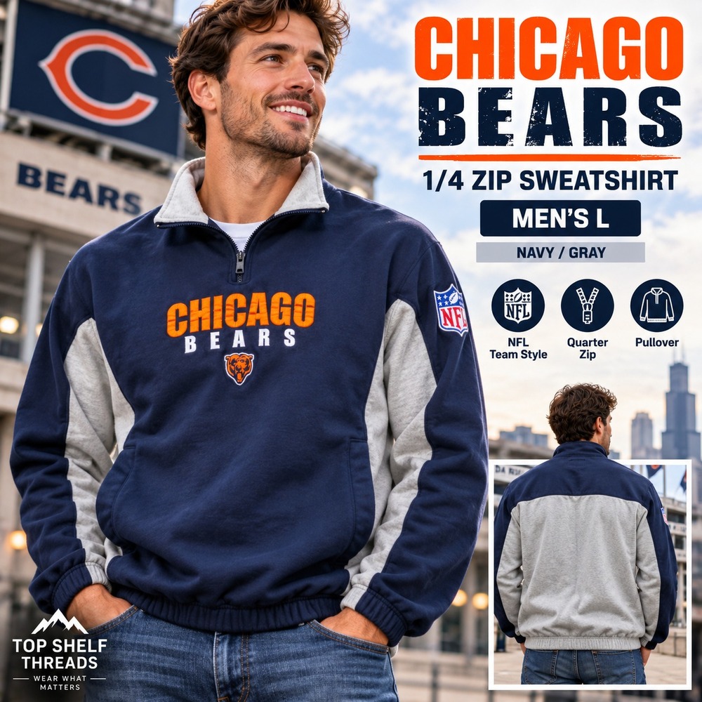 Chicago Bears NFL Men L Navy Gray Colorblock Embroidered 1/4 Zip Pullover Jacket